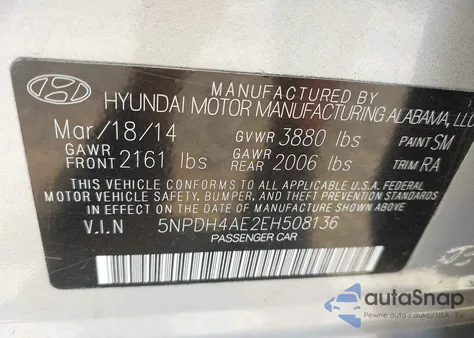 2014 Hyundai Elantra Limited z USA, uszkodzony, nr VIN 5NPDH4AE2EH508136